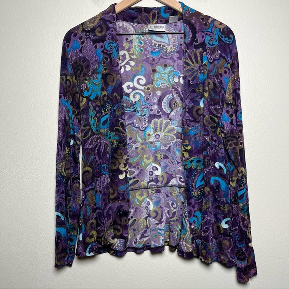 Chico's Travelers Women Cardigan Sweater Medium Purple Paisley Floral Open Front - Picture 1 of 8